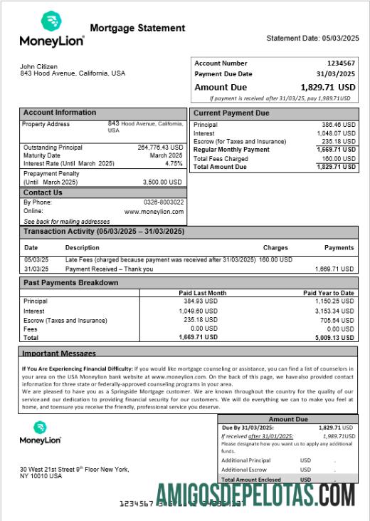 Extrato de hipoteca do USA Moneylion Bank em formatos Word e PDF modelo
